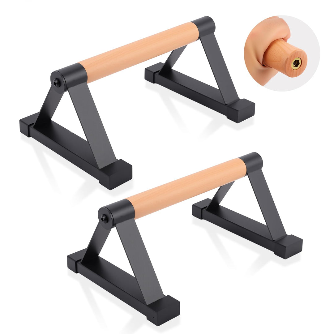 Parallettes Stäbe，Massivholz mit stabilem Metall Dreieck Halterung Push up Bars，Anti-Rutsch Handstan