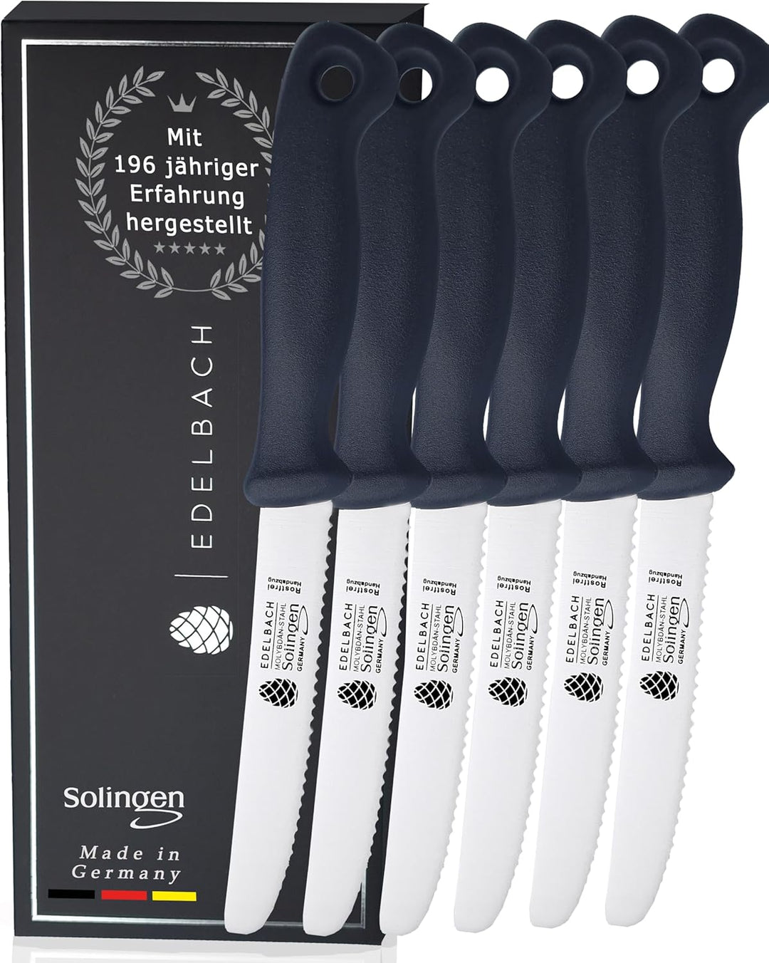 Edelbach Solingen Küchenmesser Set | 'Perfect' Frühstücksmesser m. Wellenschliff | Ultrascharf Messe