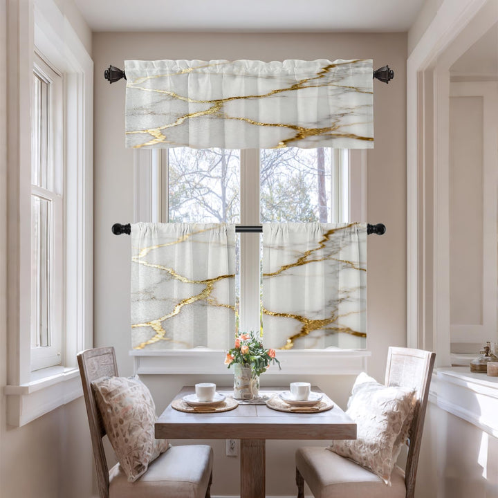 Delicate White Marble Kitchen Valances for Windows,Marble with White Golden Texture Blackout Valance