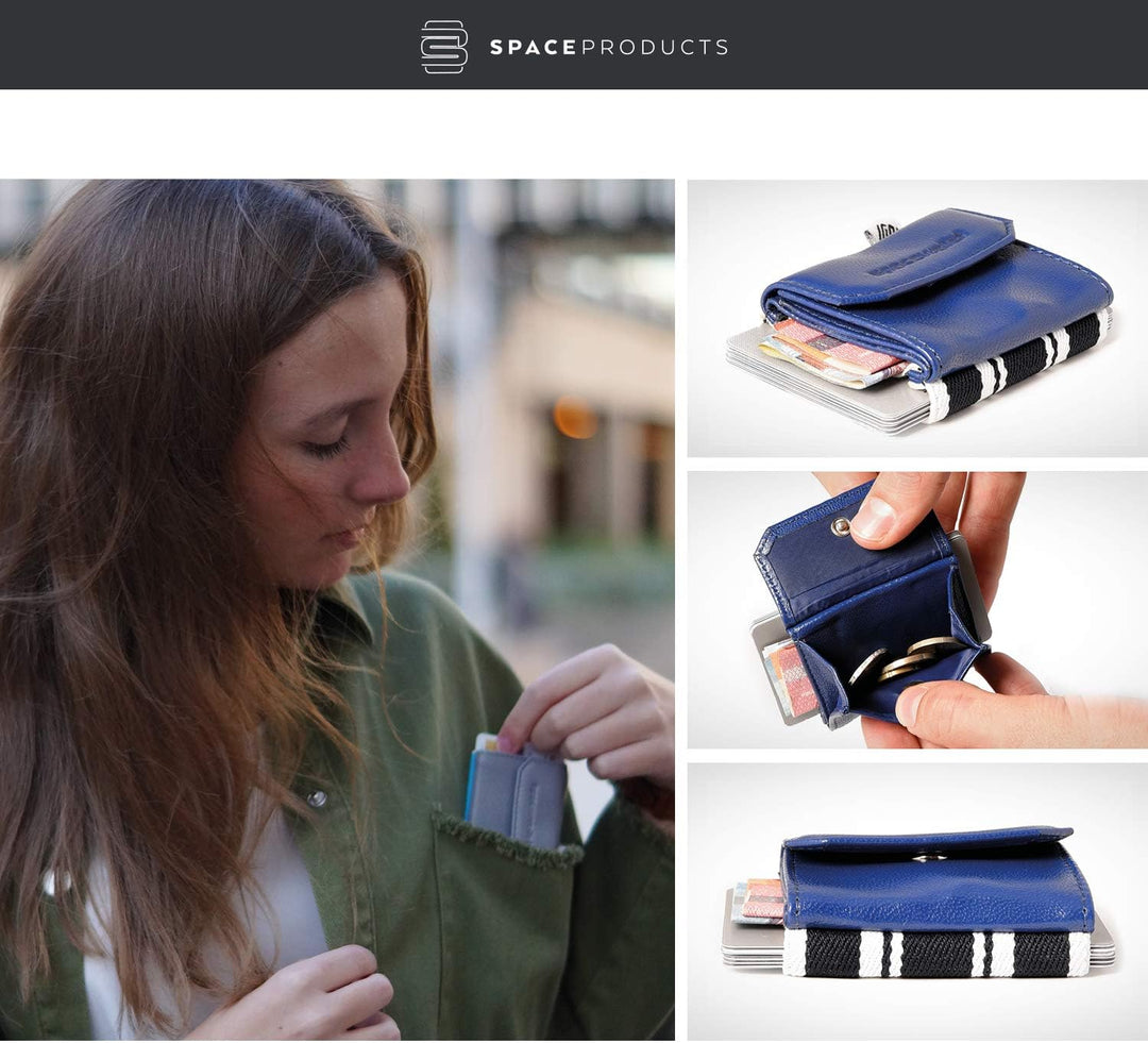 Space Products ® Mini Geldbörse blau-gestreift I Sehr kleines Echtleder Wallet/Portemonnaie mit Münz