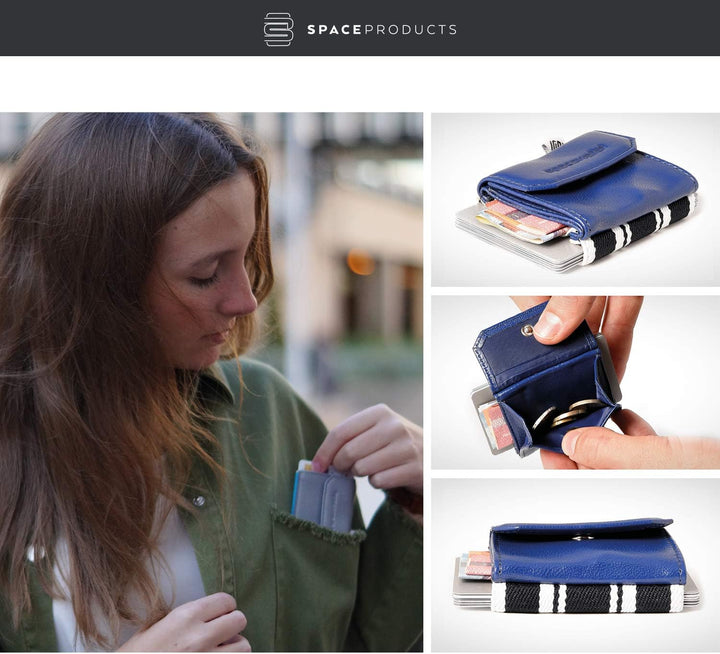 Space Products ® Mini Geldbörse blau-gestreift I Sehr kleines Echtleder Wallet/Portemonnaie mit Münz
