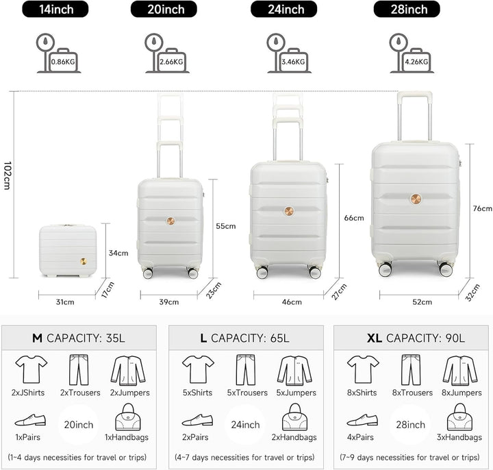 Hartschalenkoffer Set 4 Teilig S/M/L/XL Rollkoffer Handgepäck 100% PP Reisekoffer mit 360°Doppel Zwi