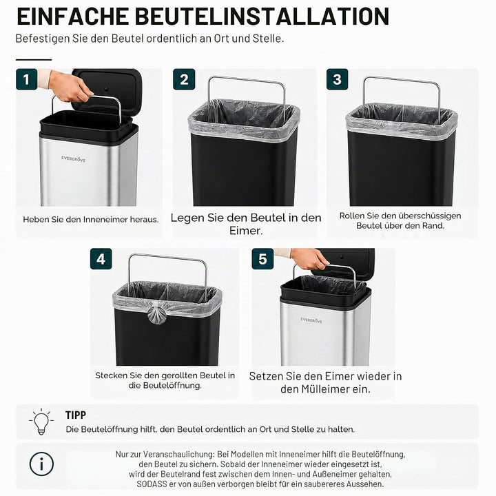 EverGrove Schmaler Mülleimer 10L, nur 14 cm breit, Edelstahl Treteimer mit Deckel, geräuschlos, hera