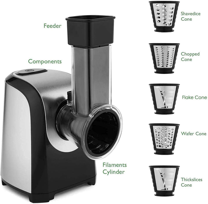 Elektrische 5-in-1 Gemüsehobel 150W, Gemüseschneider mit 5 Edelstahl-Trommeln für Käse, Obst & Gemüs