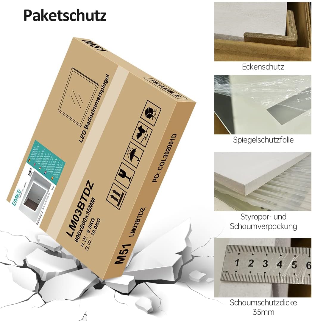 EMKE Badspiegel mit Beleuchtung 80x60cm Badezimmerspiegel mit 3X Kosmetikspiegel+Antibeschlag+Uhr+Ka