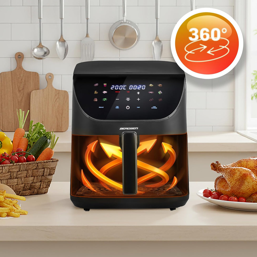 Berdsen Heissluftfritteuse XXL 8L - Airfryer mit Sichtfenster und Touchscreen - 1700W - 12 Programme