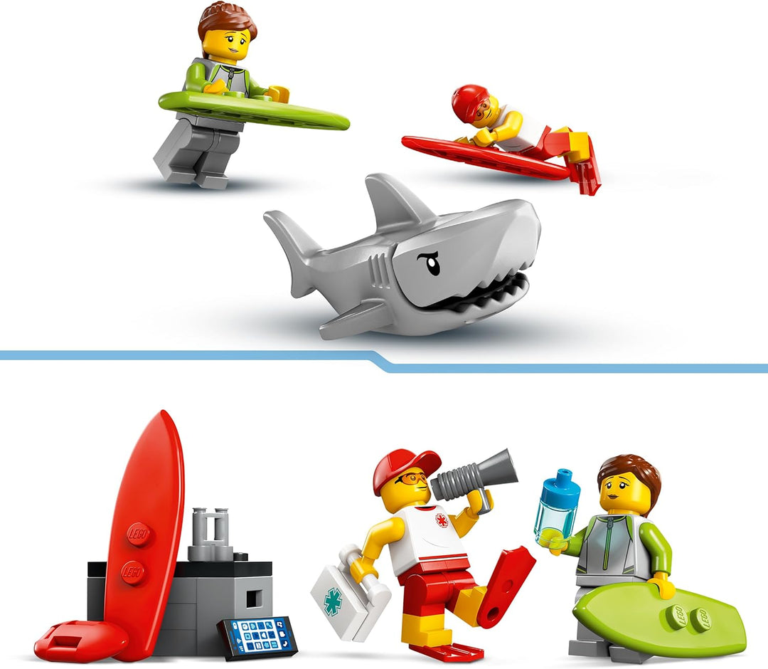 LEGO City Einsatzfahrzeug der Rettungsschwimmer - Geländewagen Spielzeug mit 2 Minifiguren und Hai -