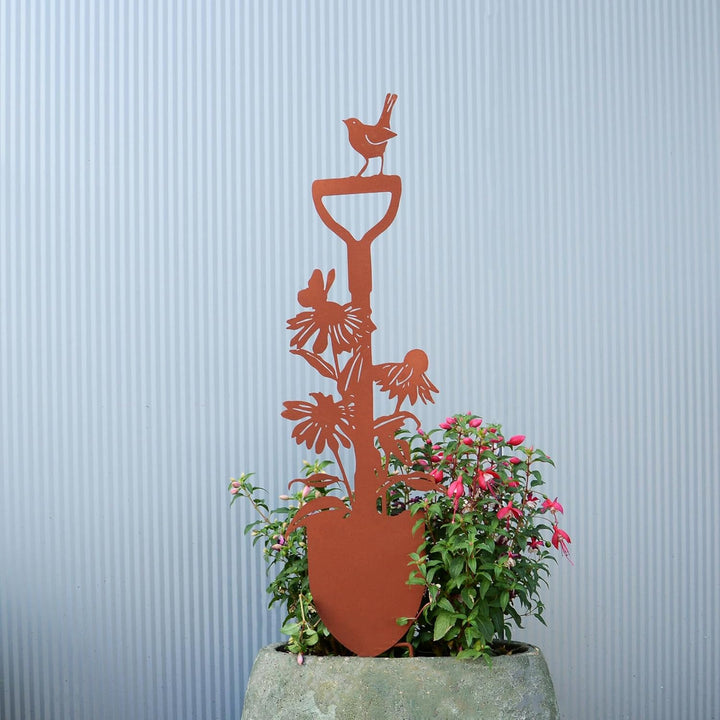 UNUS Garden Spaten mit Vogel und Blume Sonnenhut, Gartenstecker, Gartendeko Rostoptik, Roststecker a