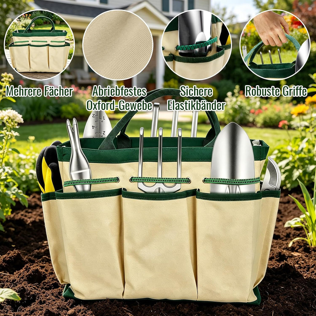 QRD Gartengeräte Set 8 in 1 Gartenwerkzeug mit Aufbewahrungstasche Gartenschaufel mit Gummigriff Gar
