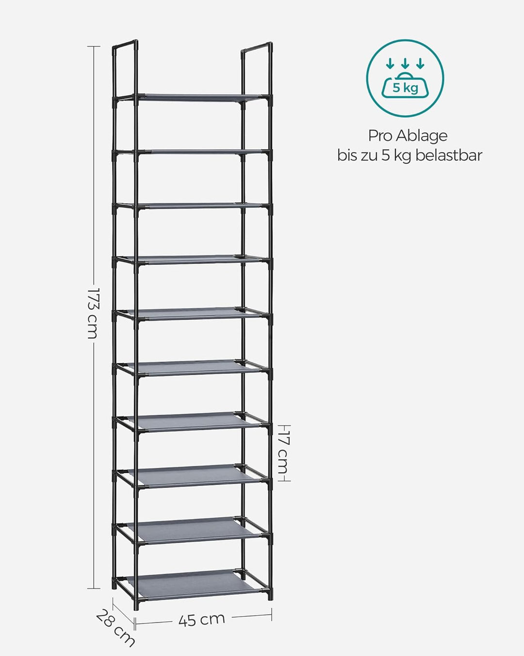 SONGMICS Schuhregal, 10 Ebenen, Schuhablage, Schuhaufbewahrung, schmal, 28 x 45 x 173 cm, Metallgest