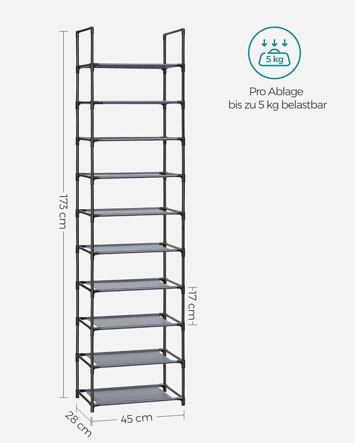 SONGMICS Schuhregal, 10 Ebenen, Schuhablage, Schuhaufbewahrung, schmal, 28 x 45 x 173 cm, Metallgest