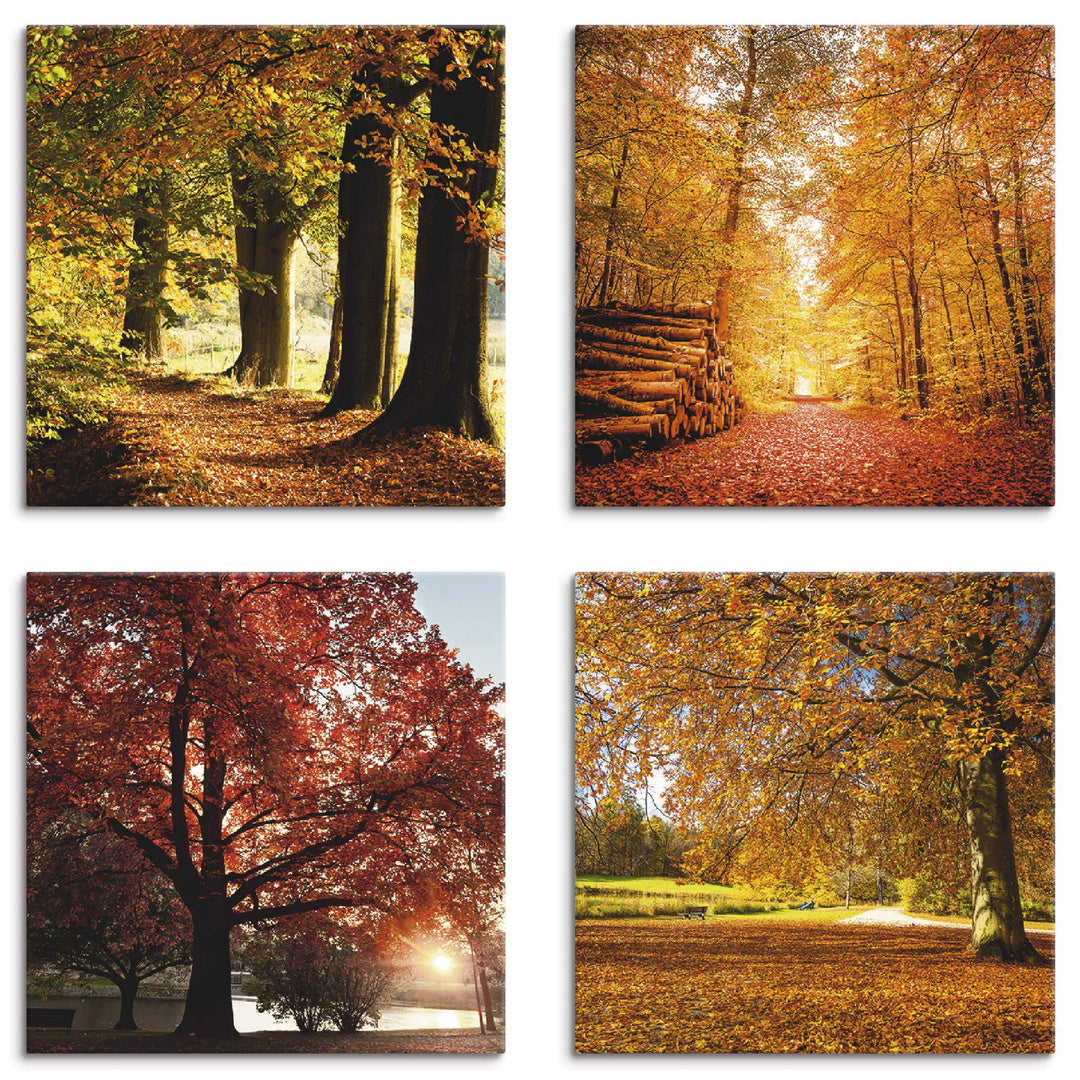 ARTLAND Leinwandbilder auf Holz Wandbild Bild Set 4 teilig je 40x40 cm Quadratisch Natur Bäume Laubb