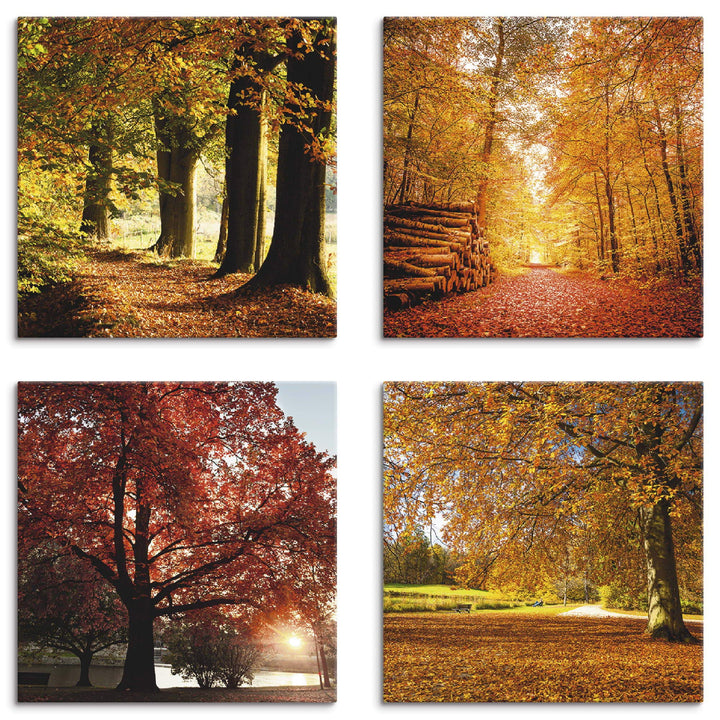 ARTLAND Leinwandbilder auf Holz Wandbild Bild Set 4 teilig je 30x30 cm Quadratisch Natur Bäume Laubb