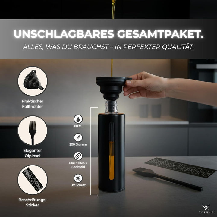 VALUXE® Ölsprüher für Speiseöl & Essig mit UV-Edelstahlmantel & Sprühfilter - Edelstahl Öl-Sprühflas