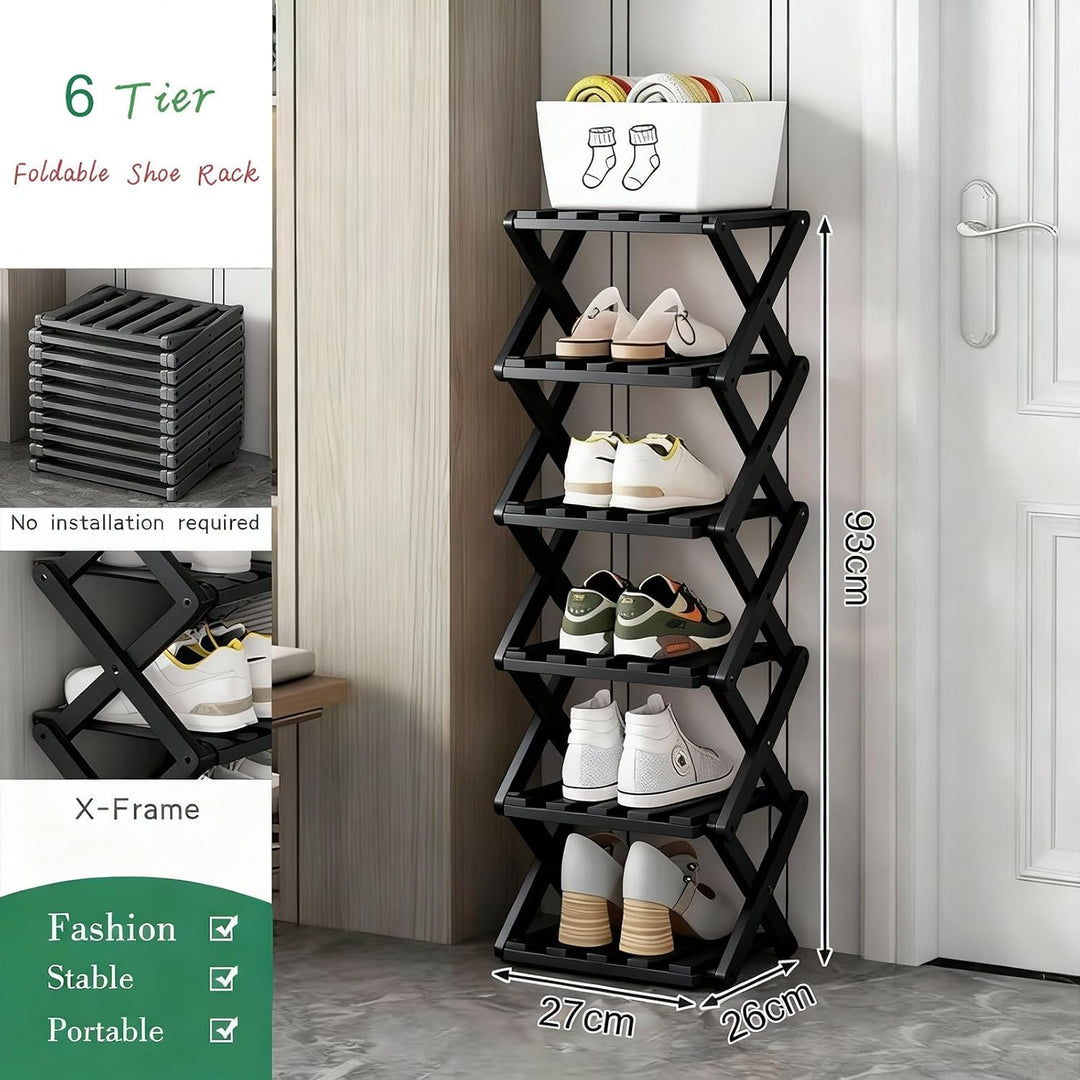 Kleines Schuhregal Schwarz, 6 Ebenen Bambus Klappbares Schuhorganizer Freistehendes Regal für Eingan