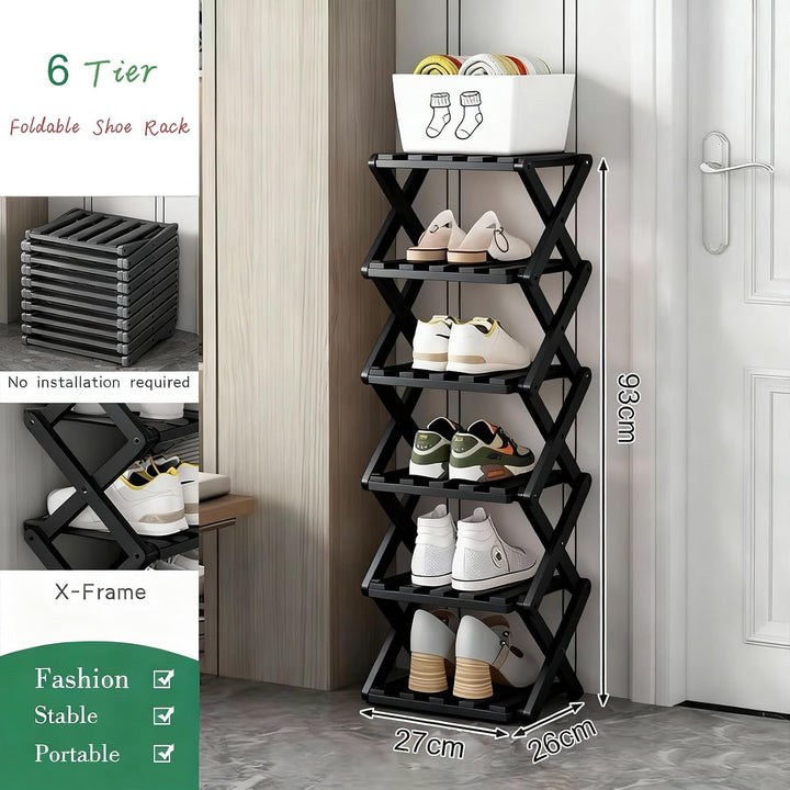 Kleines Schuhregal Schwarz, 6 Ebenen Bambus Klappbares Schuhorganizer Freistehendes Regal für Eingan