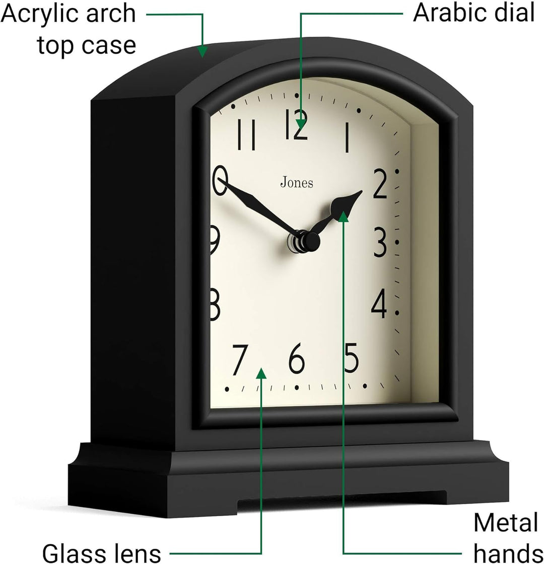 JONES CLOCKS® Tavern Kaminuhr | Modernes Bogenoberdesign | Schwarz | Zeitgenössischer klassischer St