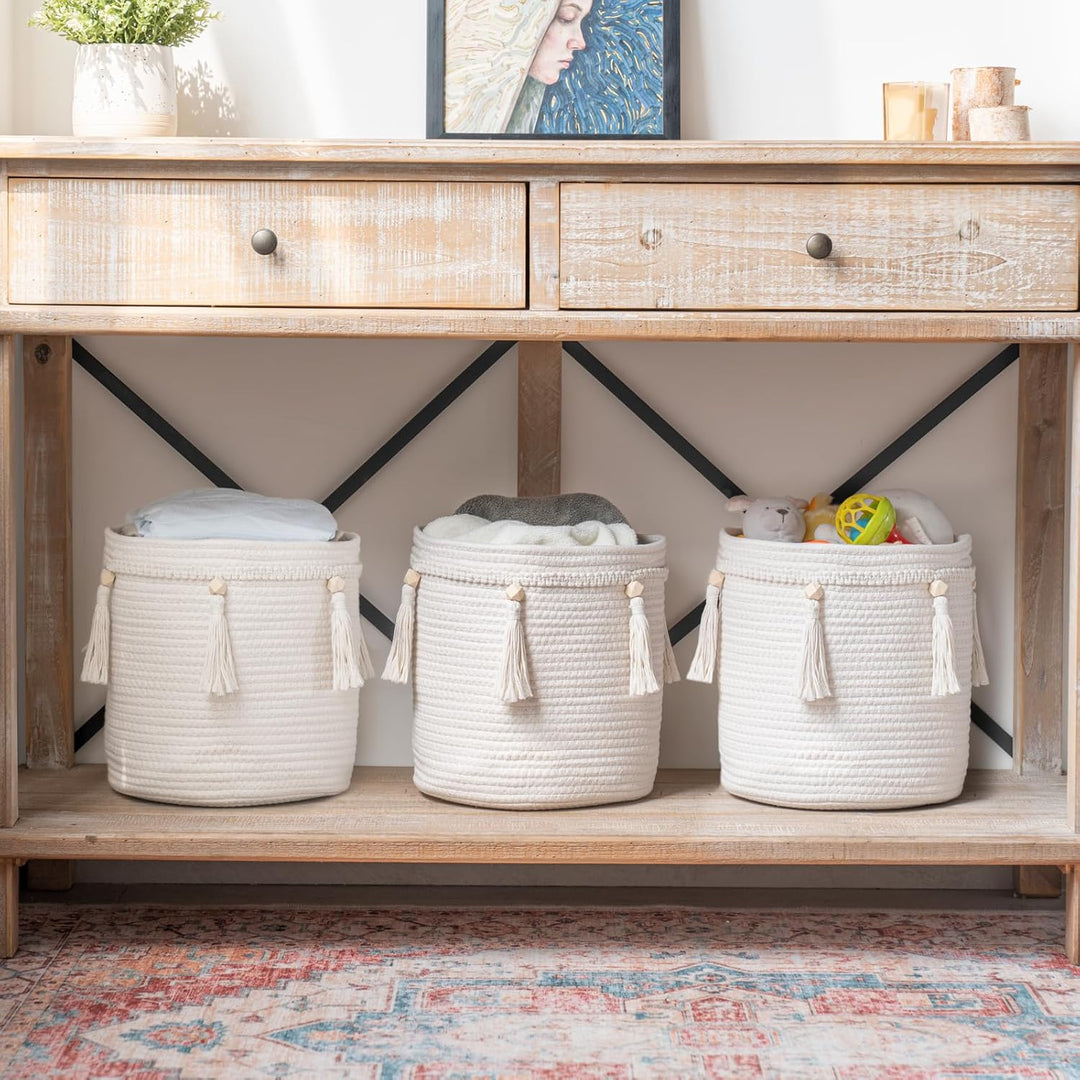 Mkono Makramee Dekorativer Baumwollseilkorb Boho Woven Quaste Schrank Aufbewahrungsbehälter Organize