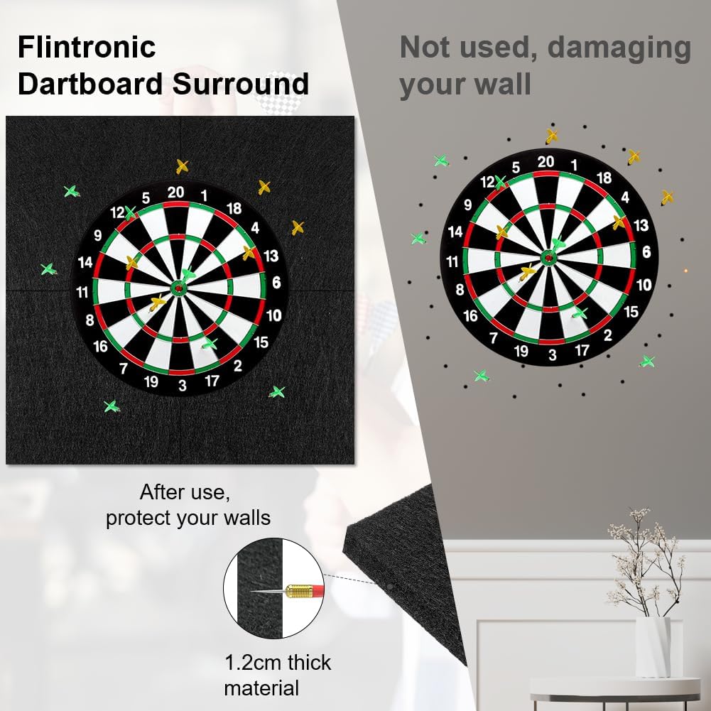 Flintronic Filz Dartboard-Wandschutz, HBT: 600x600x12mm, Dartscheiben Umrandung, Selbstklebend, Gesp