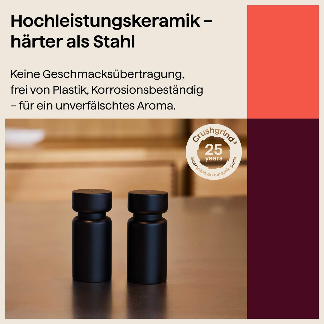 Crushgrind Helsinki Mini Gewürzmühle mit Keramikmahlwerk | 2er Set | Buchenholz | Salz und Peffermüh