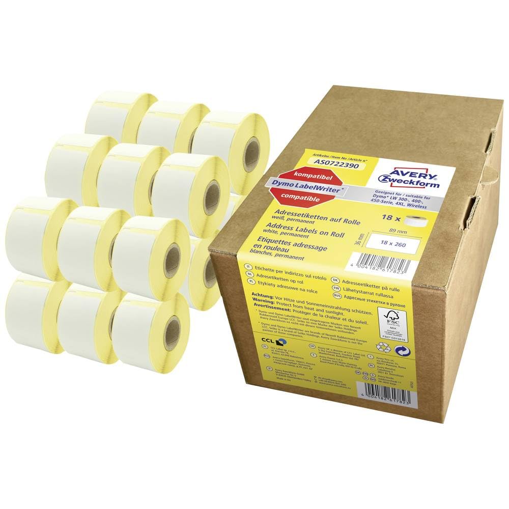 AVERY Zweckform AS0722390 Dymo LabelWriter Adressetiketten kompatibel zu S0722390 (36x89mm, 18 Rolle