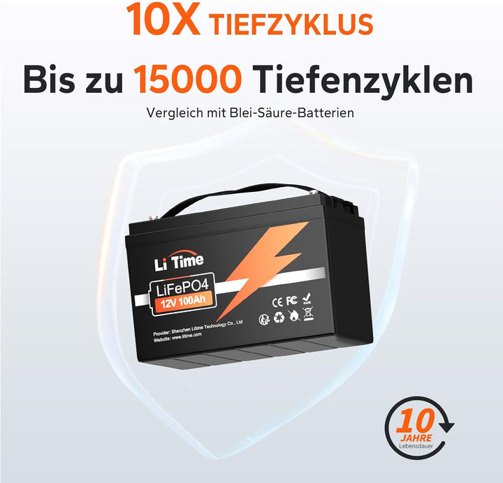 LiTime 12V 100Ah LiFePO4 Batterie, 1280Wh Lithium Akku mit 100A BMS, Max. 15000 Zyklen Ladezyklen, U