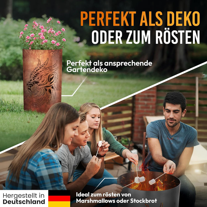 TiKo-Design Feuertonne - Lagerfeuertonne - Feuerkorb mit Drachen Motiv – Verleihen Sie Ihrem Garten