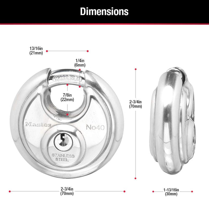 Master Lock 40KADPF Rundes Vorhängeschloss mit geschirmtem Bügel, Edelstahl