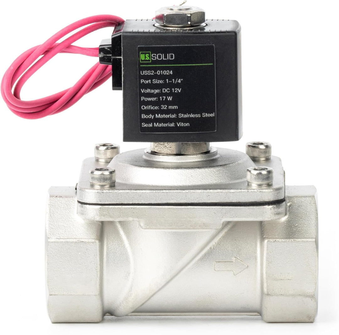 U.S. Solid 1-1/4" Magnetventil - Edelstahl DC 12V mit Viton-Dichtung, stromlos geschlossen, Bleidrah