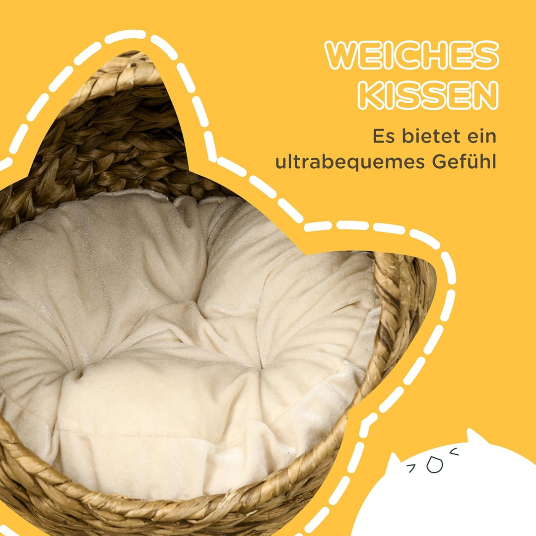 PawHut Rattan Katzenkorb Katzenhöhle Katzenhütte Katzenbett mit Kissen Haustierbett Wasserhyazinthe