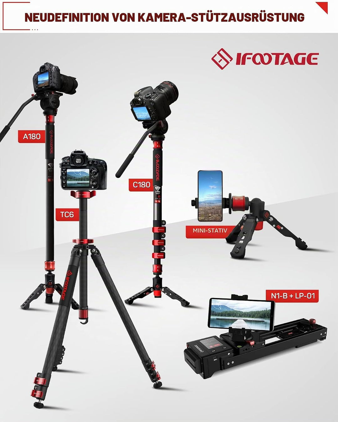 IFOOTAGE Dreibeinstativ, 155,9 cm, Kohlefaser, Videokamera-Stativ mit Schnellschnapper, max. Belastu