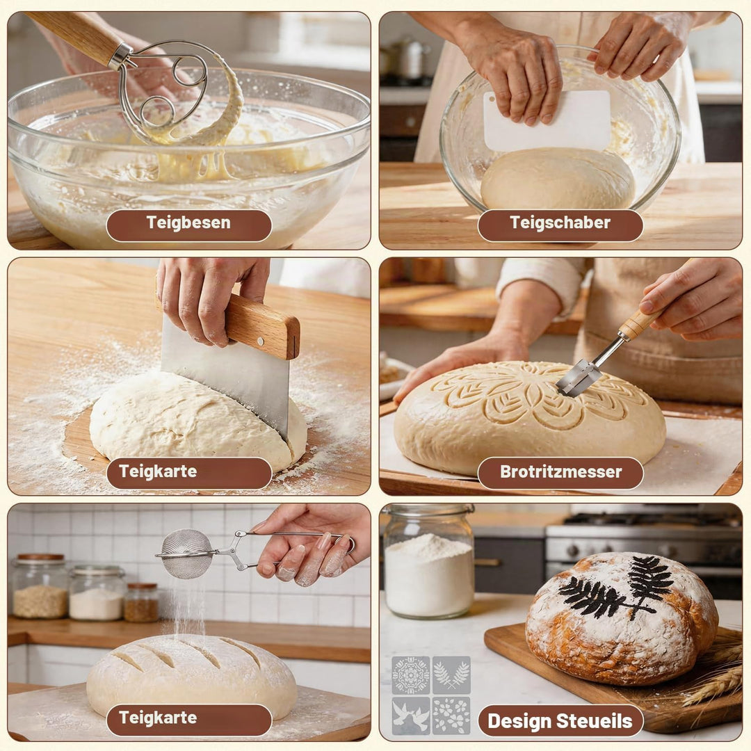 Sauerteig Starter Set, 12-teilig Brotbackset, Runder und Ovaler Gärkorb aus Rattan, Brotlame, Teigsc