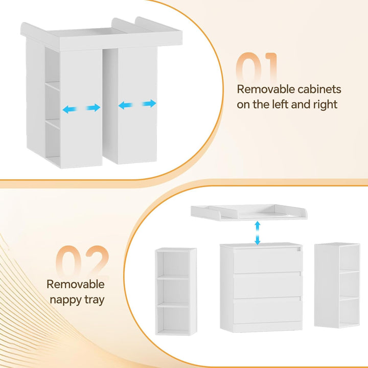 2-in-1 Wickelkommode mit abnehmbarem Wickelaufsatz, Baby Wickeltisch&Kommode mit 3 Schubladen und 6