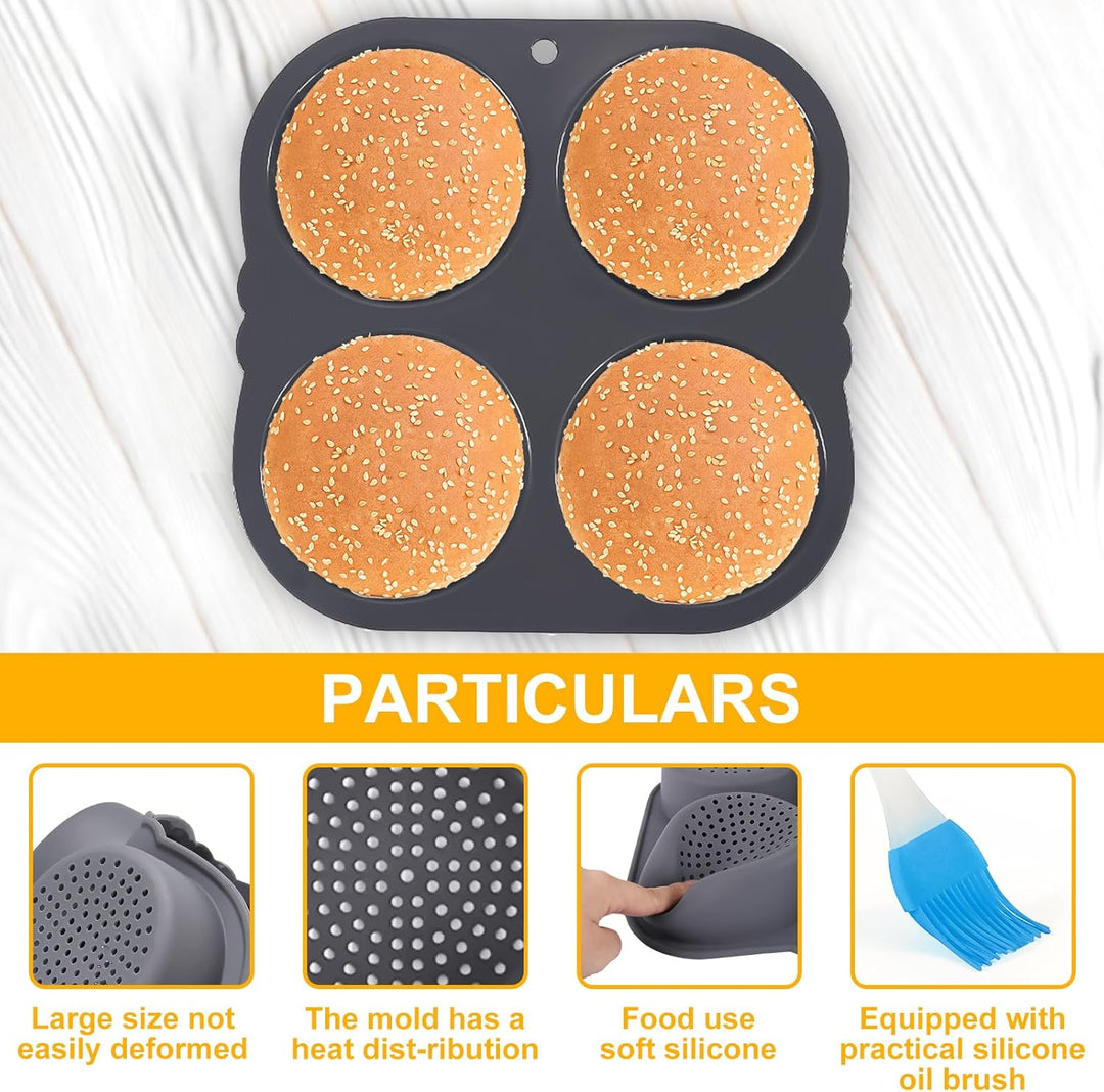 Burger Buns Backform Silikon, 23.5 X 23.5 X 4cm Burgerbrötchen Backform Rund 4 Gitter 10cm Brötchenb