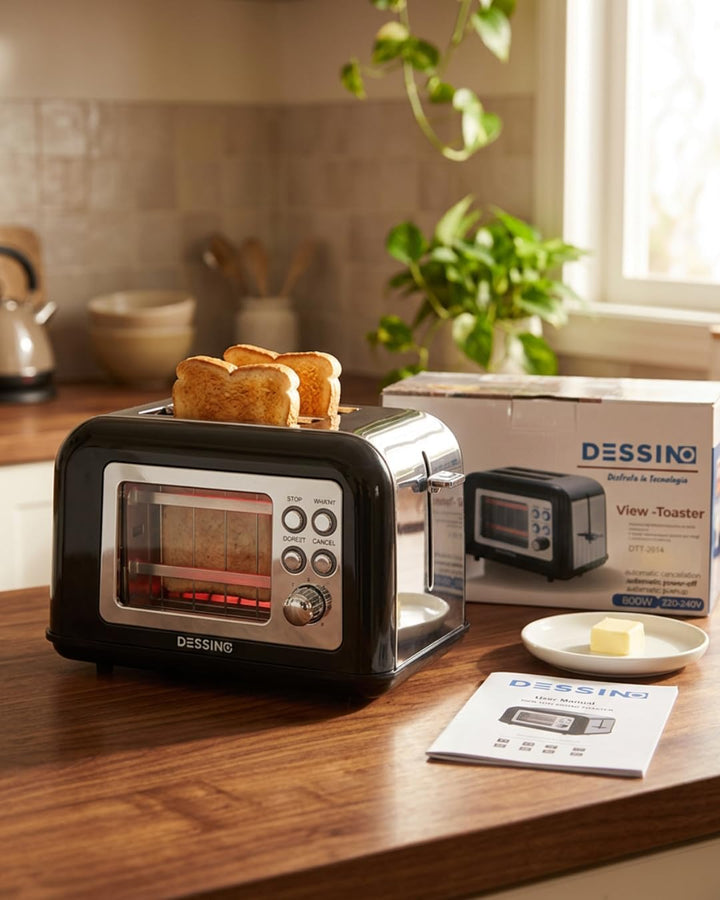 Toaster aus Edelstahl, 2 breite Schlitze, 800 W in 7 Stufen, 2 Brotscheiben, Glassteuerungsfenster,