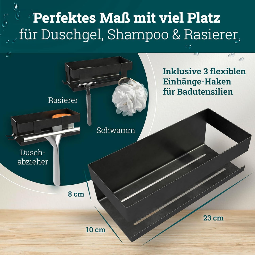 husman® Duschablage ohne Bohren | Edelstahl Matt-Schwarz | mit Ablaufrillen & 3 Haken | Kleben statt