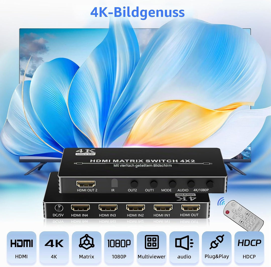 HDMI Matrix Switcher 4x2 mit Multiview, Bolaazul 4K HDMI Multi-Visor Quad Multi-Viewer Dual Monitor