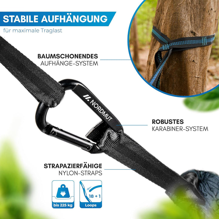 NORDMUT® Ultraleichte Hängematte Outdoor [mit Befestigungs-Set] Camping Hängematte inkl. Baumschutz-
