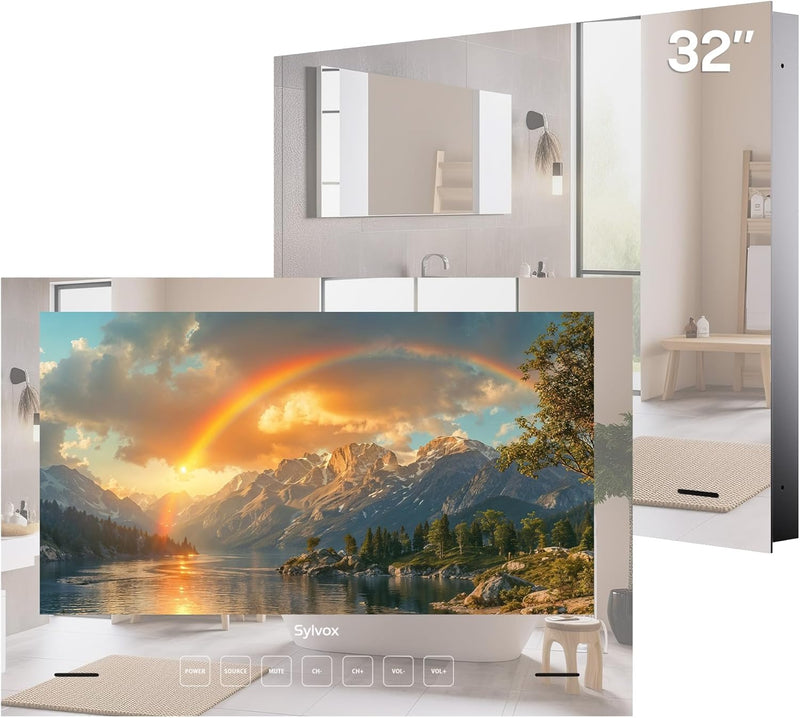 SYLVOX Spiegel Fernseher für Bad 32 Zoll, Wasserdichter IP66 Google TV 1080P | 60Hz| Hotspot & WiFi