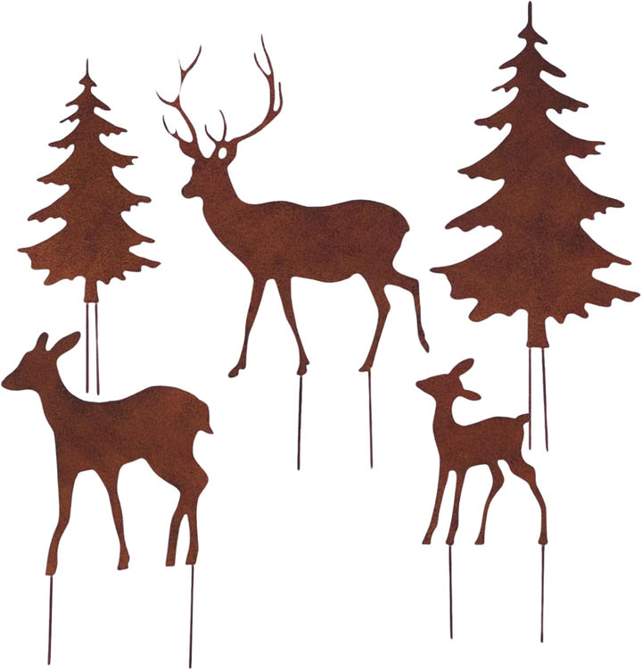 Gartenstecker Deko Rehe und Hirsche mit 2 Tannen in Rostpotik 5er Set - Weihnachtsdeko zum Basteln -