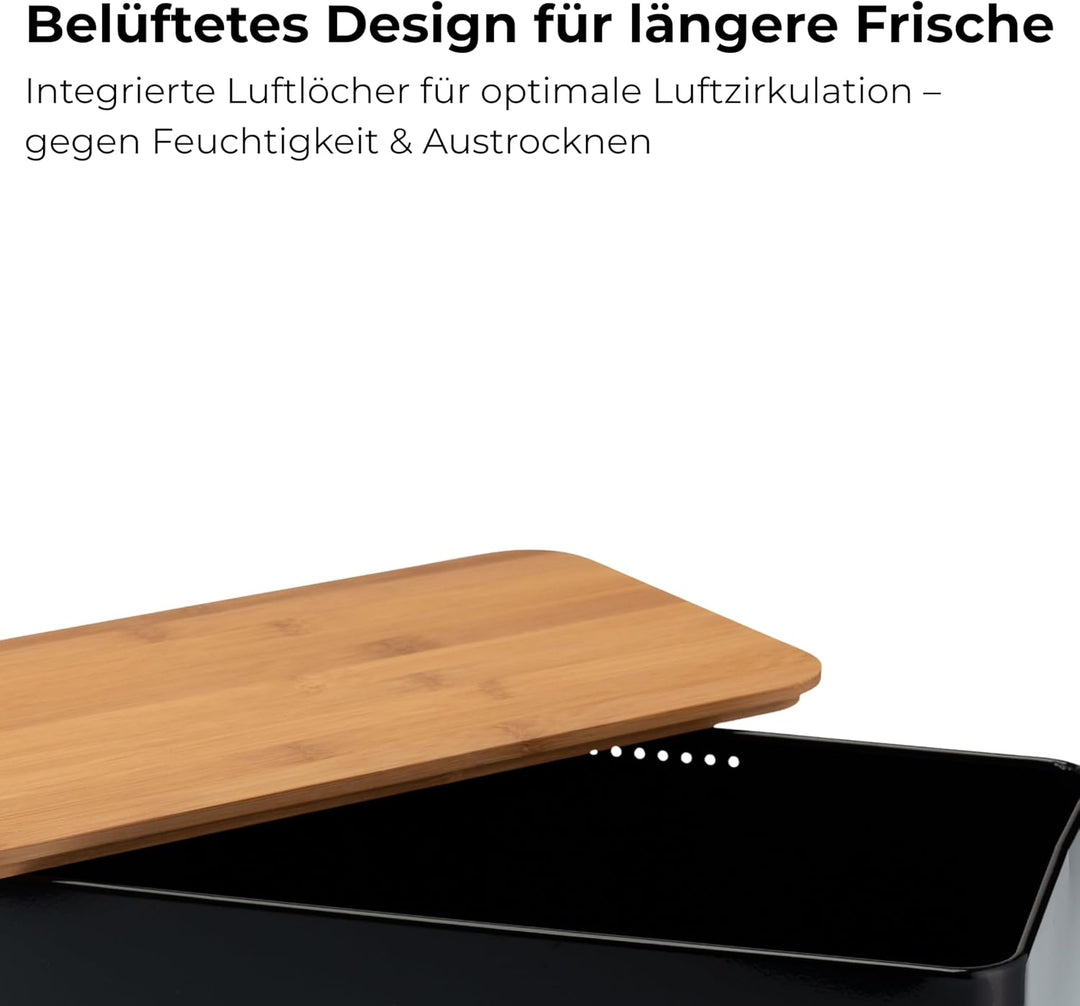 Brotkasten Metall Schwarz mit Bambusdeckel | 2-in-1 Brotbox & Schneidebrett | Belüftete Brotaufbewah
