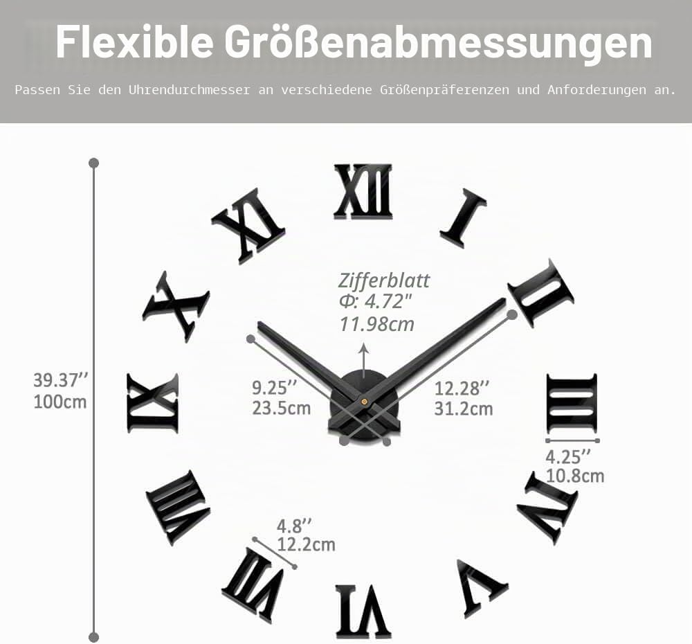 Mintime Rahmenlose 3D DIY Wanduhr XXL Stumm Spiegel Aufkleber Home Office Schule Dekoration (Schwarz