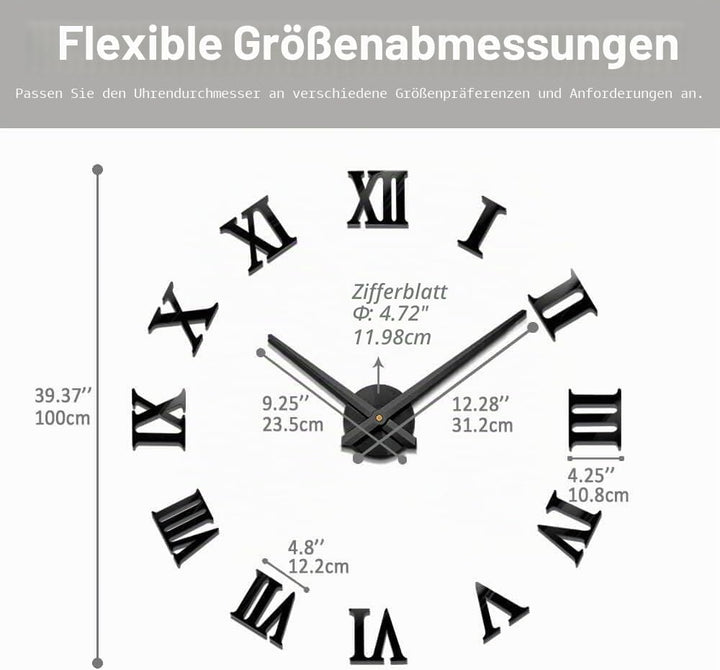 Mintime Rahmenlose 3D DIY Wanduhr XXL Stumm Spiegel Aufkleber Home Office Schule Dekoration (Schwarz