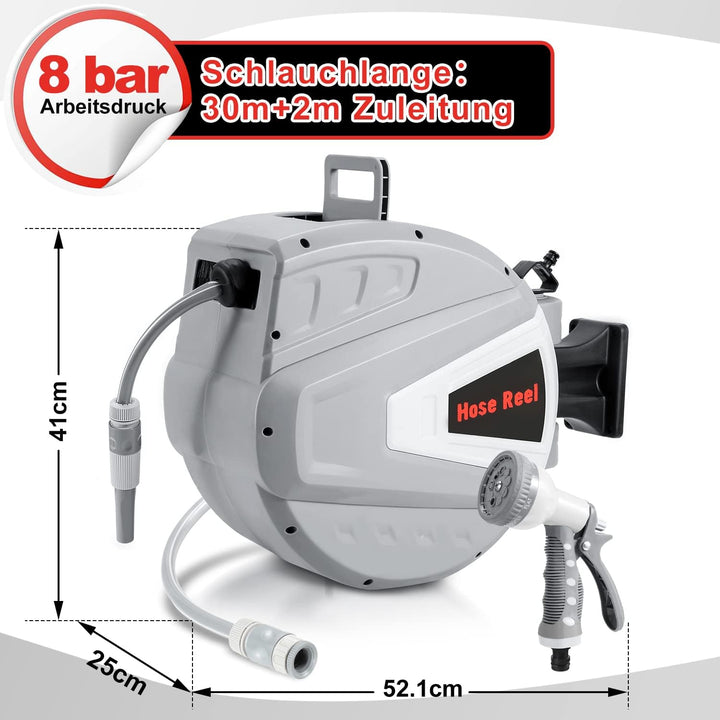 Schlauchtrommel Schlauchbox, 30+2m Automatik Schlauchaufroller, Wand-Schlauchbox mit Handbrause Gart