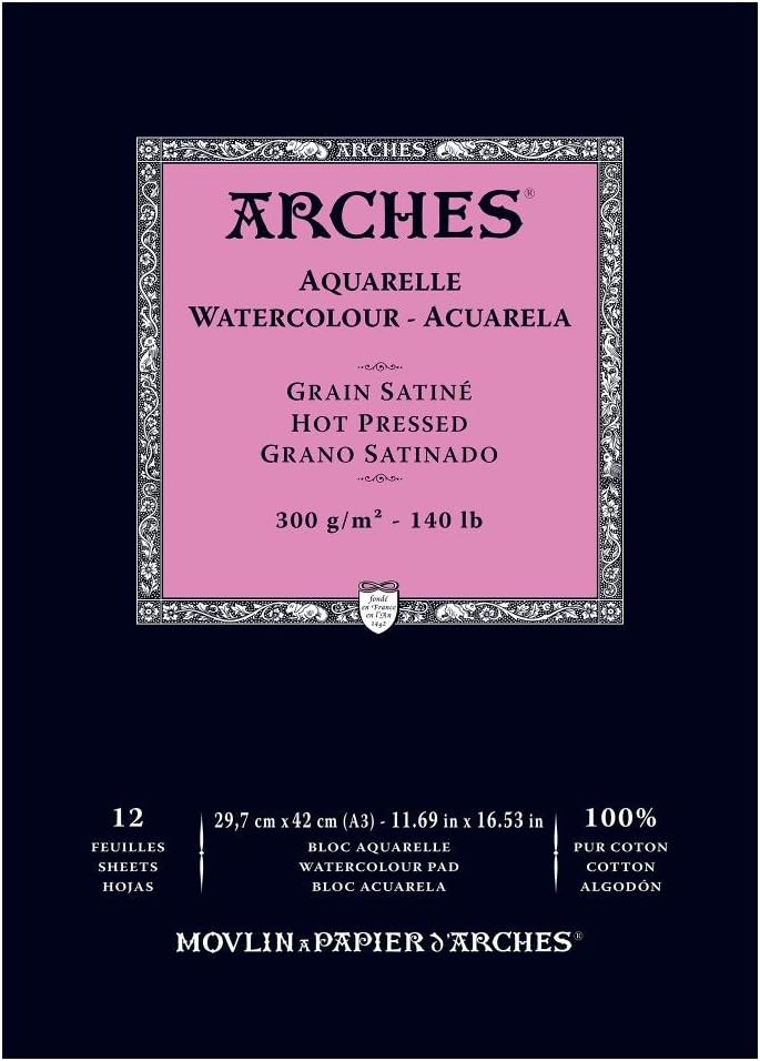 Arches 1795099 Aquarellpapier im Block, 16 Blatt, A3 42 x 29,7 cm Kopfgeleimt 300 g/m², Satiniert, n