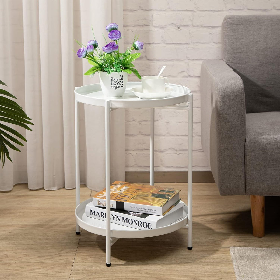 HollyHOME Runder Beistelltisch, 2 Ebenen Beistelltisch Metalltablett, Snacktisch, Couchtisch, Teetis