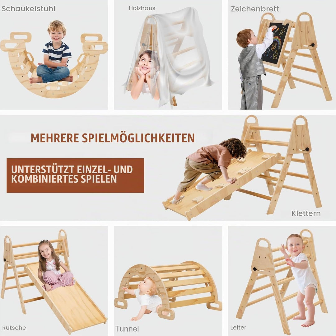 6in1 Montessori Klettergerüst, Klettern Kinder Indoor mit Kletterbogen, Rutsche und Mini Kinder Malt