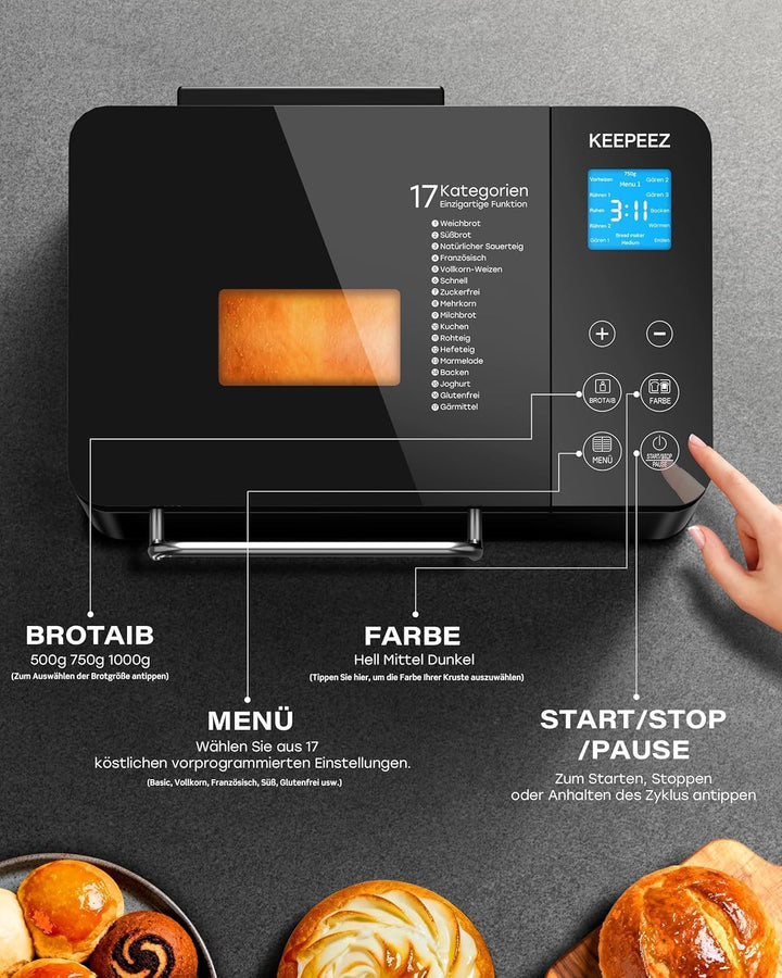 710W 1KG Konvektions Brotbackautomat mit Doppelten Heizrohren, 17 in 1 Edelstahl Brotbackmaschine, K