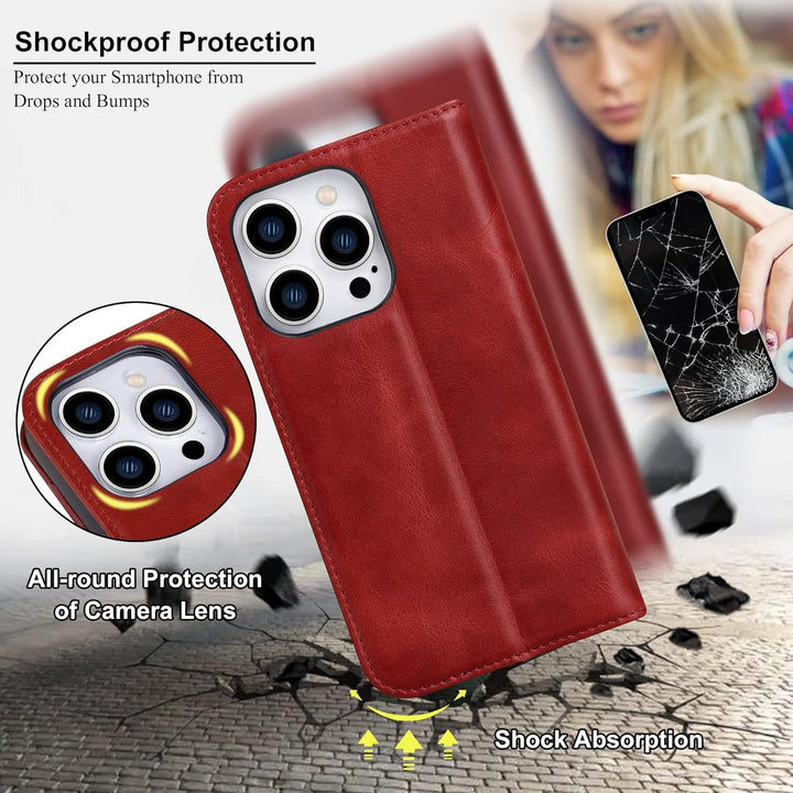 VISOUL Hülle für iPhone 14 Pro Handyhülle [Echtleder] [3 Kartenfächer] [Magnet] [Standfunktion], TPU