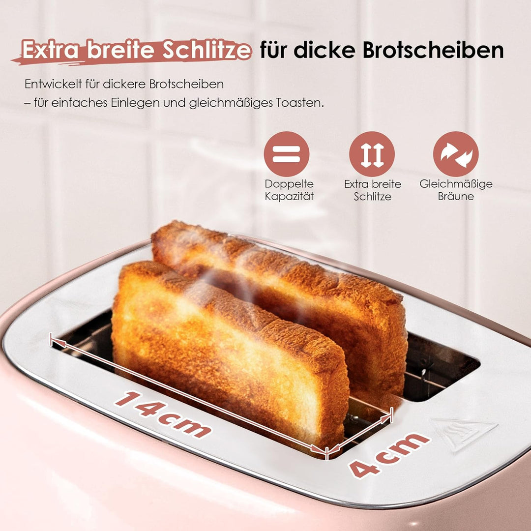 Fab by Kitchen in the box Rosa Toaster 2 Scheiben, Retro Toaster aus Edelstahl mit breiten Schlitzen